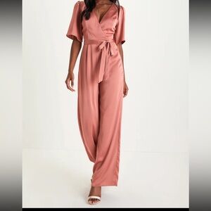 Lulus Fabulous Class Rusty Rose Satin Short Sleeve Wide-Leg Jumpsuit